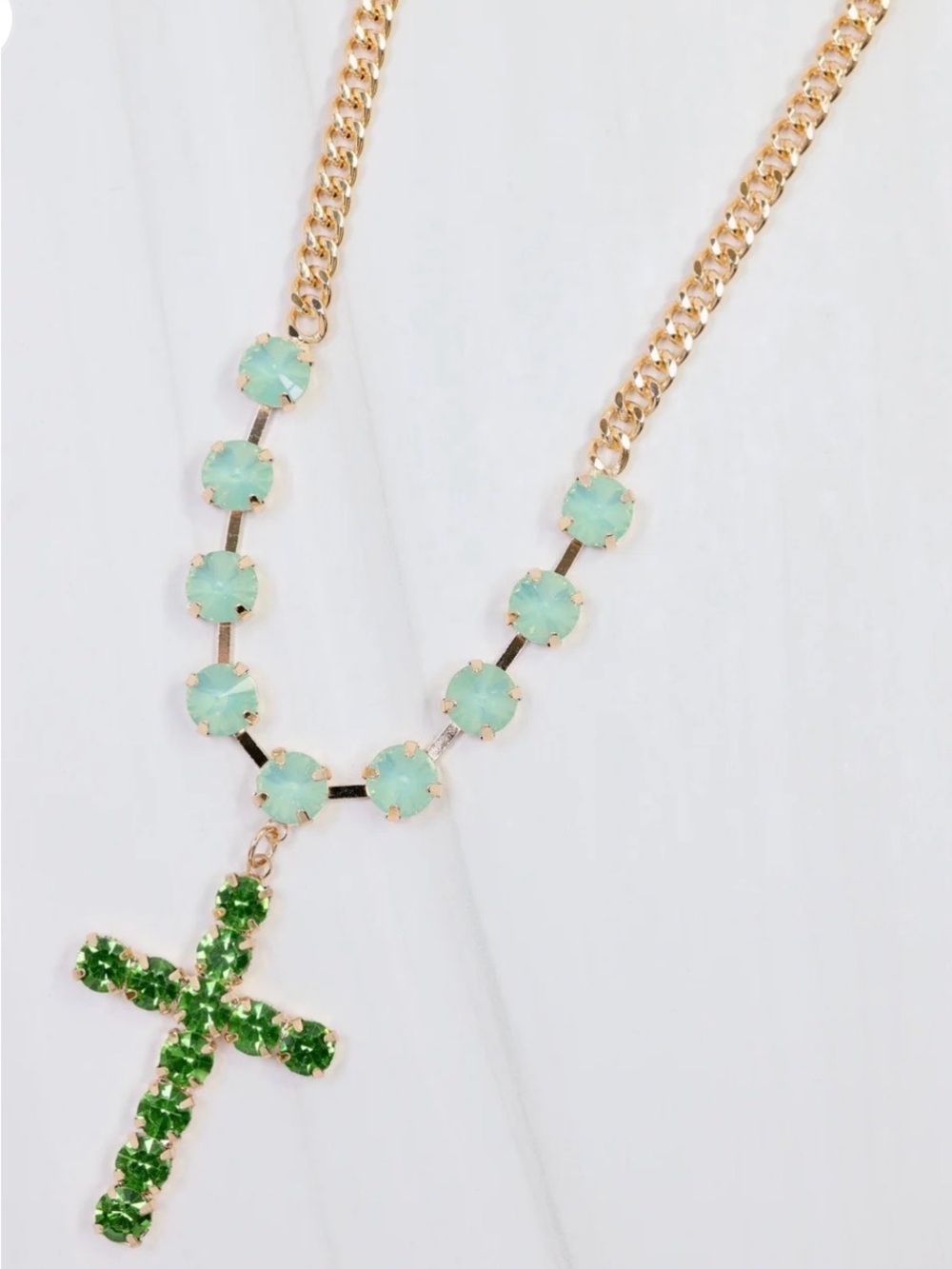 Gold Chain Necklace with Mint Beads and Green Crystal Cross